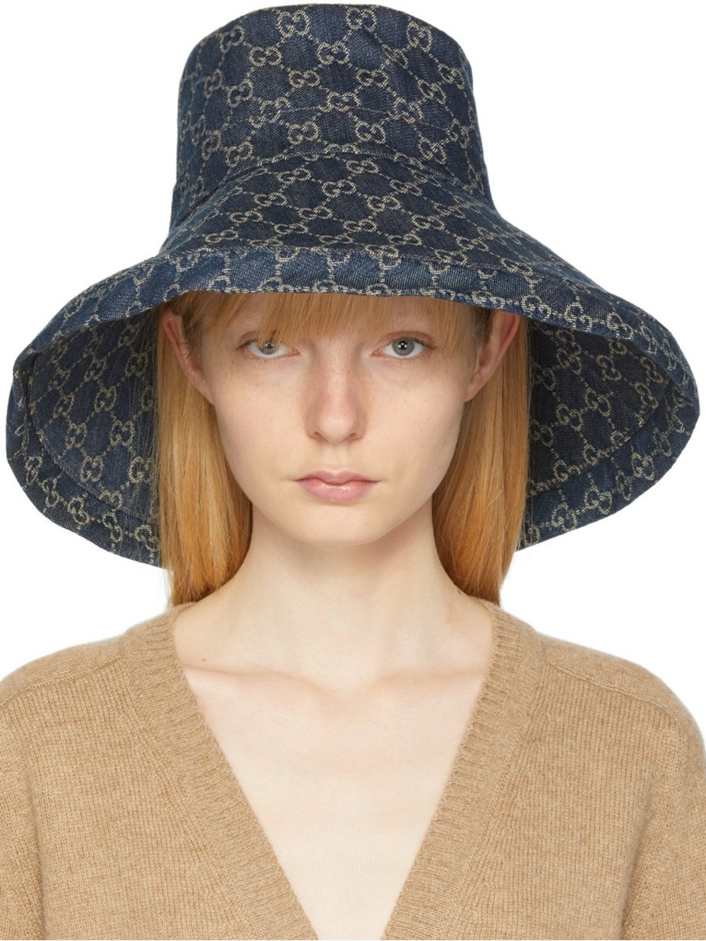 Denim Monogram Large Brim Bucket Hat Jacquard Navy Blue Canvas Sun Beach - Picture 7 of 13